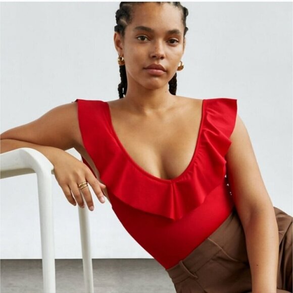 ARITZIA | Wilfred Danette ruffle knit bodysuit red sz XXS - Picture 3 of 7